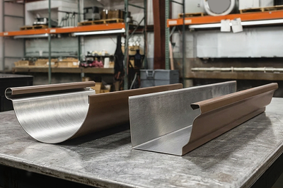 Half Round and K-Style gutters in silver and brown metal displayed side by side on a workbench inside an industrial manufacturing facility
